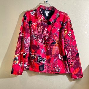 Chicos Swing Jacket Women Size L (2) Artsy Floral Blazer Red One Button Pockets